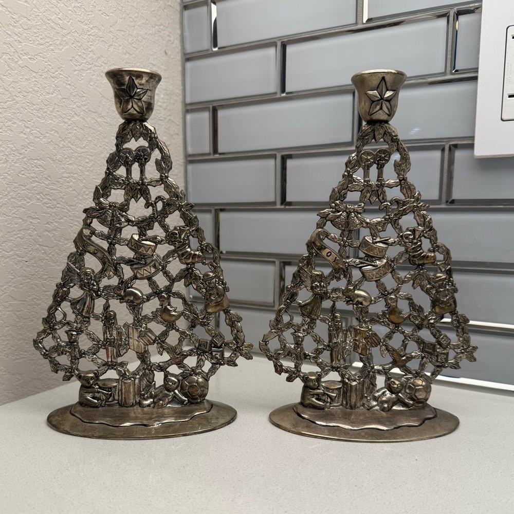 Vintage Enesco Silver Plated Christmas Tree Candle Holders Filigree-style Retro - Picture 2 of 16